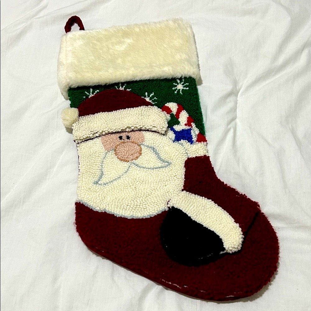 Vintage Latch Hook Rug Santa Claus Christmas Holiday Stocking
